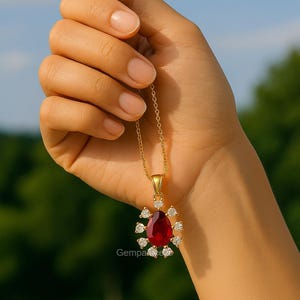 Natural Ruby & Diamond Gold Necklace | Handmade Pear Ruby Halo Pendant | Real Diamond July Birthstone Jewelry | Fine Gold Chain Necklace