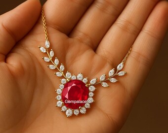Oval Shape  Natural Ruby and Diamond  18K Solid Gold Women Gift Necklace / Anniversary Wedding Gift Necklace/ July Birthstone Necklace