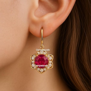 Natural July Birthstone Ruby And Diamond Dangle Drop Earrings / 14k Solid Gold Women Gift Earrings / Anniversary Wedding Gift