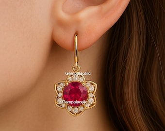 Natural July Birthstone Ruby And Diamond Dangle Drop Earrings / 14k Solid Gold Women Gift Earrings / Anniversary Wedding Gift