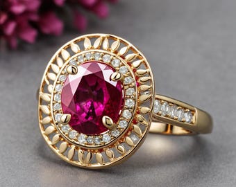 Lab Grown Oval Shape Ruby And Diamond 14k Solid Gold Ring For Women And Girls / Vintage Style Ruby And Diamond Ring / Christmas Gift Ring