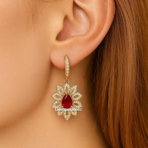 Pear Shape July Birthstone Ruby And Diamond Earrings / 14k Solid Gold Women Gift Earrings / Anniversary Wedding Gift