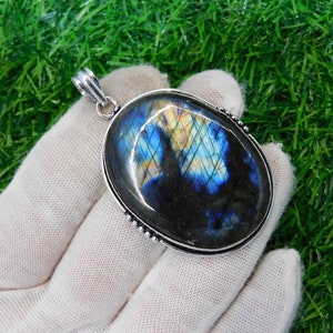 Labradorit Anhänger, Großer Ovaler Edelstein Anhänger, Handgemachter Boho Anhänger, Labradorit Halskette, Statement Silber Anhänger Frauen Schmuck