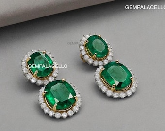 14k yellow gold Ready to Ship Oval Shape Women Emerald And Diamond Dangle Drop Earrings / 18k Gold Women Gift May Birthstone Earrings