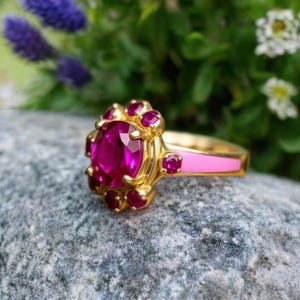 Bague ovale en rubis naturel et diamant en émail rose/bague cadeau en or massif 14 carats pour femmes/bague cadeau d&#39;anniversaire de mariage