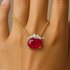 Oval Shape Natural Ruby 18K Solid Gold Women Gift Necklace / Anniversary Wedding Gift Necklace/ July Birthstone Necklace