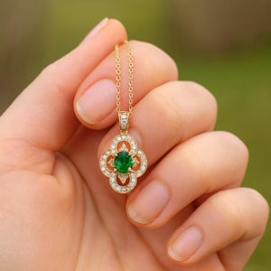 Oval Emerald and Diamond Pendant Necklace | 14K Gold Vintage-Inspired Jewelry | May Birthstone Gift for Her | Elegant Green Gemstone Charm