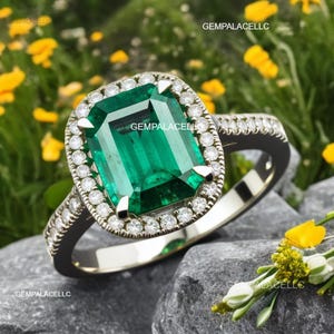 Emerald Cut Lab Grow May Birthstone Emerald And Diamond Engagement Ring / 14k Gold Women Gift Ring / Anniversary Wedding Gift Ring