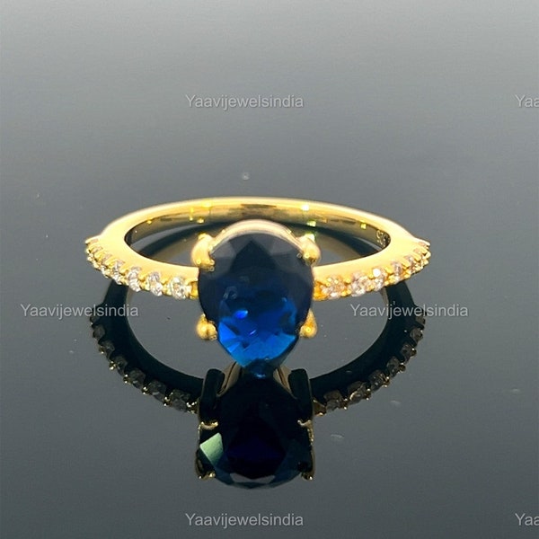 Blue Sapphire And CZ Diamond Engagement Ring / 14k Gold Women Gift Ring / Anniversary Wedding Gift Ring