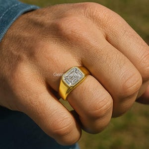 Men&#39;s Emerald Cut Lab Diamond Ring: 14K Gold Bezel Statement Band