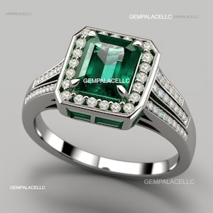 Natural Lab Grown Emerald Cut And Diamond Engagement Ring / 14k Gold Anniversary Wedding Gift Ring / Certified Lab Emerald Handmade Ring