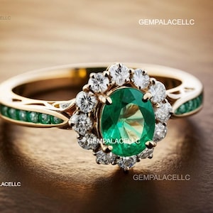Colombian Lab Emerald And Diamond Engagement Ring / 18k Solid Gold Women Gift Emerald Ring / Anniversary Wedding Gift