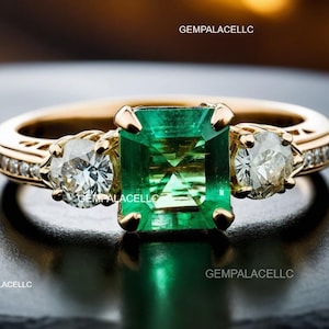 Emerald Cut Colombian Emerald And Diamond Engagement Ring / May Birthstone Women Gift Ring / Anniversary Wedding Gift Ring