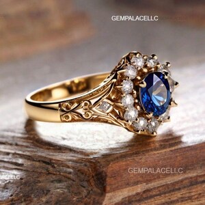Oval Shape Blue Sapphire And Diamond Engagement Ring / 14k Solid Gold Women Gift Ring / Anniversary Wedding Gift Ring