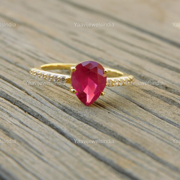 Red Ruby 925 Sterling Silver Engagement Ring / Gold Plated Natural Gemstone Ring For Women And Girls / 7 US Ring Size