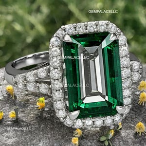 Natural Lab Grown Emerald Cut And Diamond Engagement Ring / 14k Gold Anniversary Wedding Gift Ring / Certified Lab Emerald Handmade Ring