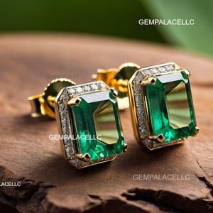 Emerald Cut Colombian Emerald And Diamond Stud Earrings / Women Gift Anniversary Wedding Earrings / Christmas Gift Earrings