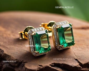 Emerald Cut Colombian Emerald And Diamond Stud Earrings / Women Gift Anniversary Wedding Earrings / Christmas Gift Earrings