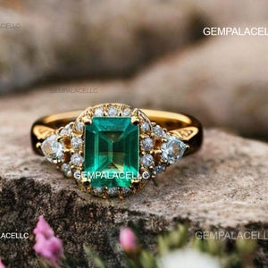 Women Emerald And Diamond Engagement Ring / 14k Solid Gold Women Gift May Birthstone Ring / Christmas Gift Ring