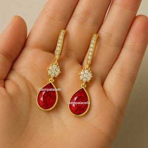 Pear Shape Natural July Birthstone Ruby And Diamond Dangle Drop Earrings / 14k Solid Gold Women Gift Earrings / Anniversary Wedding Gift