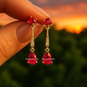 Pear & round Shape Natural July Birthstone Ruby And Diamond Dangle Drop Earrings/14k Solid Gold Women Gift Earrings/Anniversary Wedding Gift
