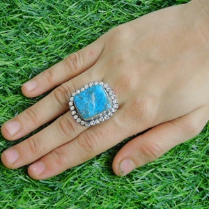 Cushion Shape Natural Raw Turquoise Ring, Stackable Ring, Boho Ring, Big Gemstone Ring, Statement Ring, Chunky Turquoise Ring For Women