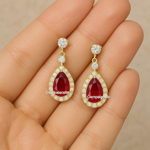 Pear Shape Natural July Birthstone Ruby And Diamond Earrings / 14k Solid Gold Women Gift Earrings / Anniversary Wedding Gift