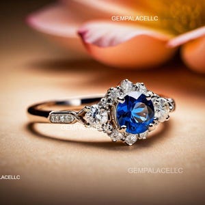 Round Shape Blue Sapphire And Diamond Engagement Ring / 14k Solid Gold Women Gift Ring / Anniversary Wedding Gift Ring