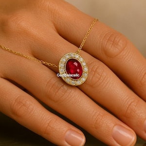 Oval Shape Natural Ruby 18K Solid Gold Women Gift Necklace / Anniversary Wedding Gift Necklace/ July Birthstone Necklace