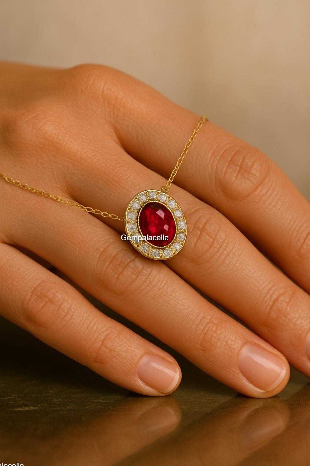 Oval Shape Natural Ruby 18K Solid Gold Women Gift Necklace / Anniversary Wedding Gift Necklace/ July Birthstone Necklace