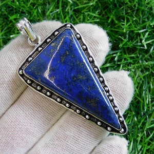 Natural Lapis Lazuli Gemstone Pendant, Triangle Shape Lapis Lazuli Pendant, Silver Pendant, Large Gemstone Pendant, Lapis Lazuli Necklace