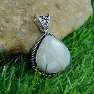 Statement Pendant For Women And Girls Natural Pear Shape White Rainbow Gemstone Pendant 925 Sterling Silver Pendant