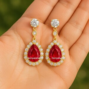 Pear Shape Natural July Birthstone Ruby And Diamond Earrings / 14k Solid Gold Women Gift Earrings / Anniversary Wedding Gift