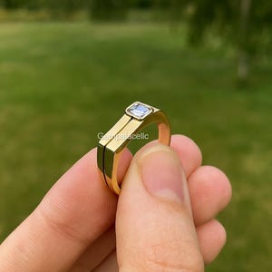 14K Gold Emerald Cut Lab Diamond Ring: Bold Solitaire Groom Ring