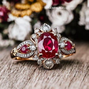 Red Natural Ruby And Diamond Engagement Ring / 14k Solid Gold Women Gift Ring / Anniversary Wedding Gift Ring