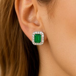 Art Deco Emerald Cut Emerald Stud Earrings: Diamond Halo, 14k Gold