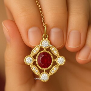 Round Shape Natural Ruby 18K Solid Gold Women Gift Necklace / Anniversary Wedding Gift Necklace/ July Birthstone Necklace