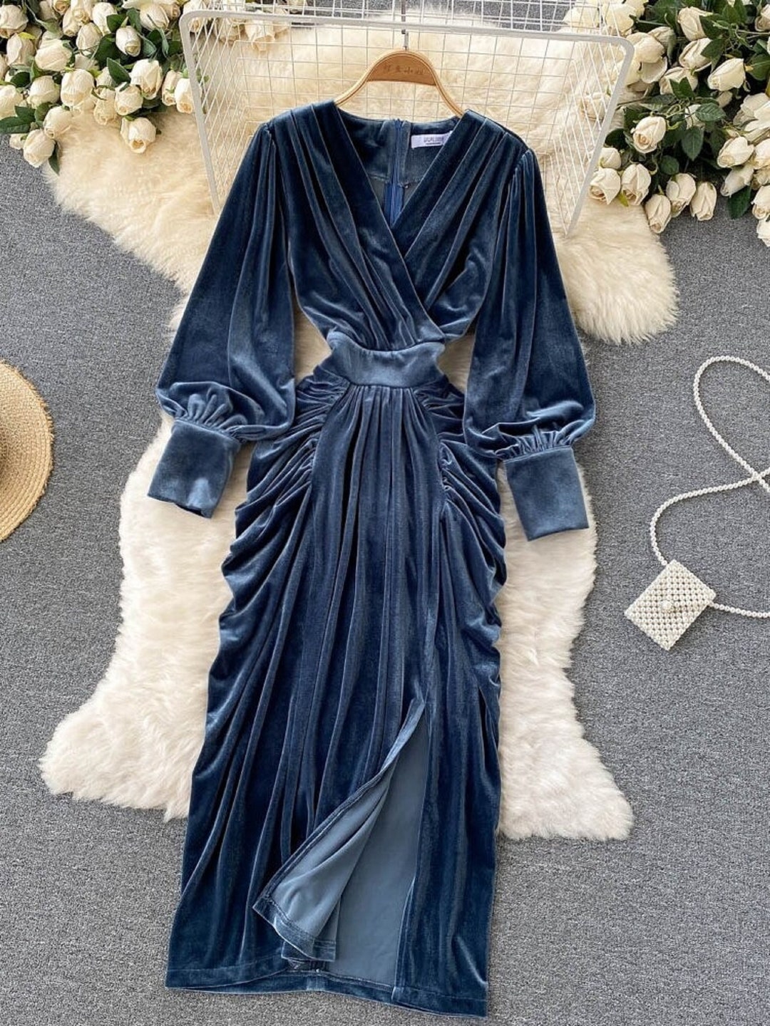 Blue Draped Velvet Long Dress Elegant - Etsy