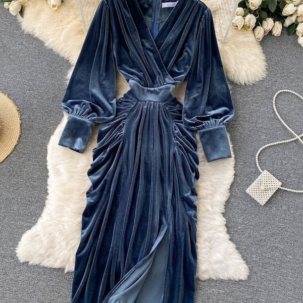 Blue Draped Velvet Long Dress Elegant