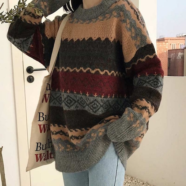 Academia Sweater Dark Grandpa Clothing Chunky Aesthetic Oversized Vintage Sweater Striped Jumpers Korean Style Loose Pullover Knitwear