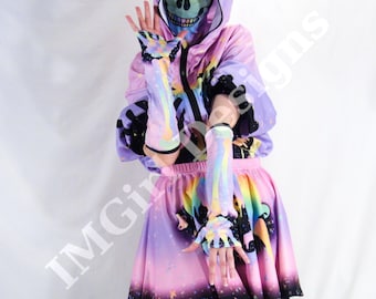 Rainbow Skeleton Fingerless Gloves Arm Warmers: Halloween Costume Accessory Pastel Goth Harajuku