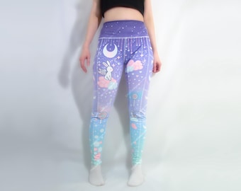 Yume Kawaii High Waisted Pocket Leggings, Pastel Bunny & Candyfloss Print Footless Tights
