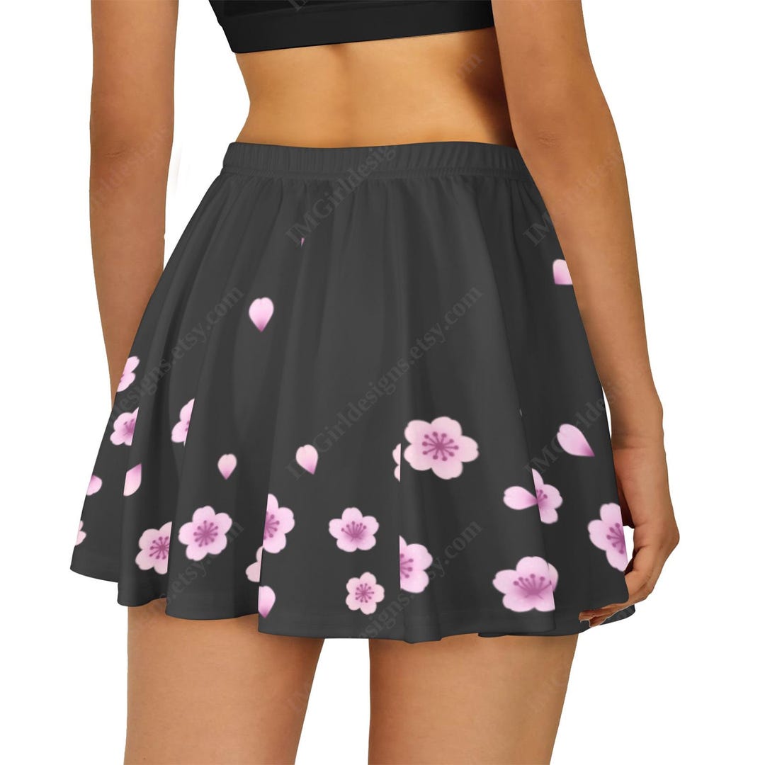 Sakura Cherry Blossom Skater Skirt: Black & Pink Floral Flare - Etsy