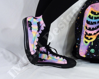 Rainbow Skeleton High Top Canvas Shoes: Pastel Goth Kawaii Sneakers