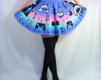 Pixel Art Skater Skirt, Retro Arcade Gamer Print