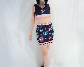 Scene 2 Piece Top & Skirt Set. Neon Club Wear. Form Fitting Rave Outfit.
