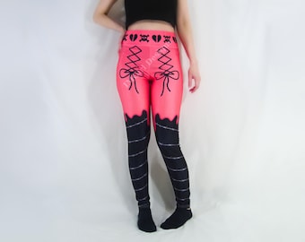 Scenecore High Waisted Leggings, Creepy Kawaii Drip Theme, Harajuku Scene Kid