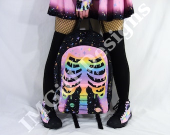 Rainbow Skeleton Backpack: Pastel Goth Bag, Alternative Harajuku Decora
