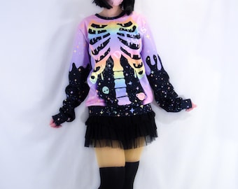Rainbow Skeleton Drip Sweatshirt, Fleece Lined Pastel Goth Pullover