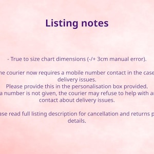 Puede incluir: Fondo rosa con texto morado "Notas del listado". El texto proporciona informaci&oacute;n sobre tablas de tallas, requisitos de n&uacute;mero de m&oacute;vil para la entrega y pol&iacute;ticas de cancelaci&oacute;n.